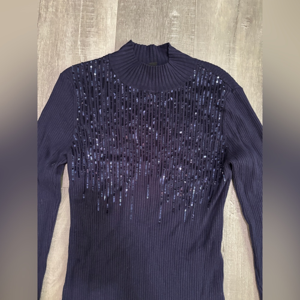 INC International Concepts Navy Ribbed Sequin-Front Mock Neck Sweater - Picture 2 of 6